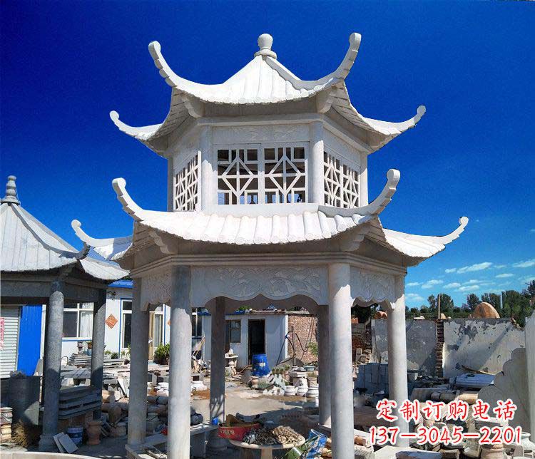 三明公园大理石六角石雕双层凉亭