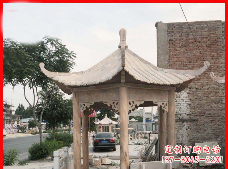 三明公园晚霞红六角石凉亭雕塑