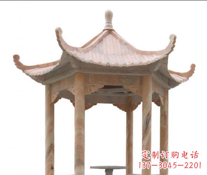 三明美丽而优雅的公园晚霞红六角石凉亭雕塑