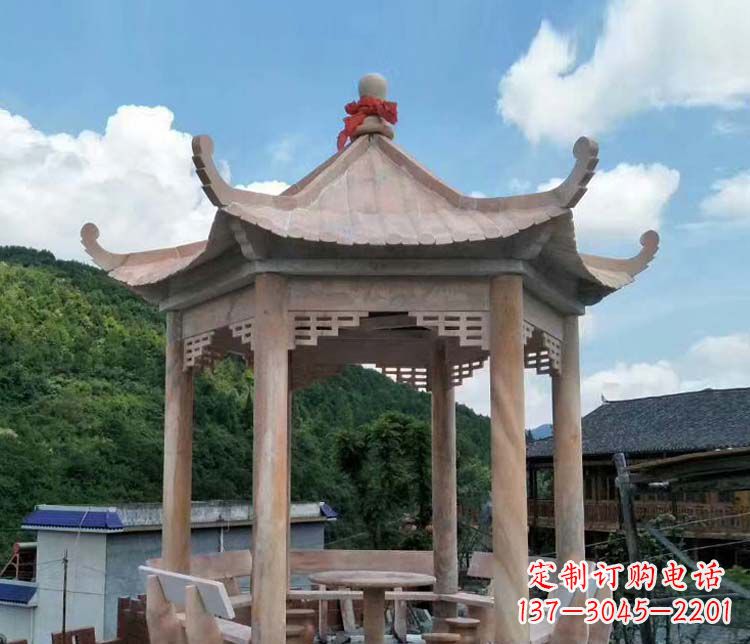 三明一流的公园晚霞红六角石雕凉亭