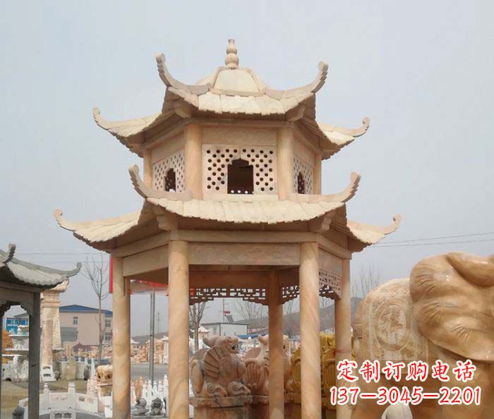 三明红双层六角石凉亭雕塑