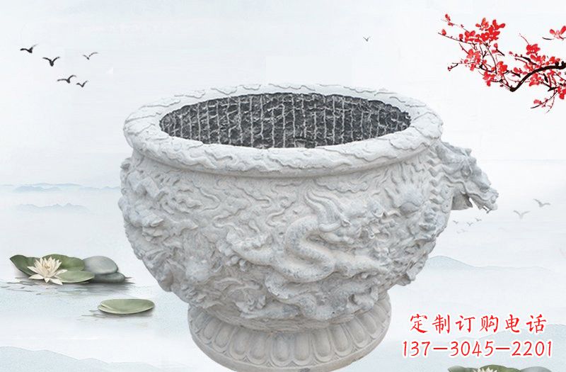 三明汉白玉龙浮雕水缸