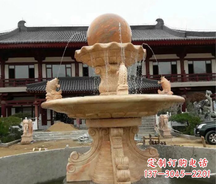 三明双层风水球喷泉晚霞红石雕