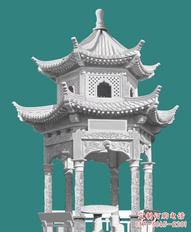 三明双层六角凉亭景观石雕