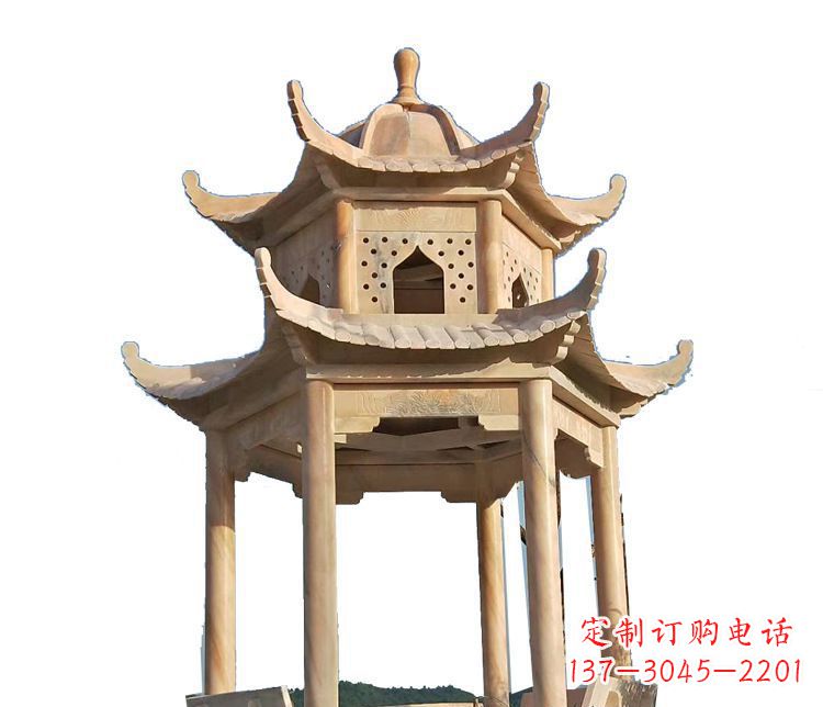 三明双层晚霞红凉亭石雕 (2)