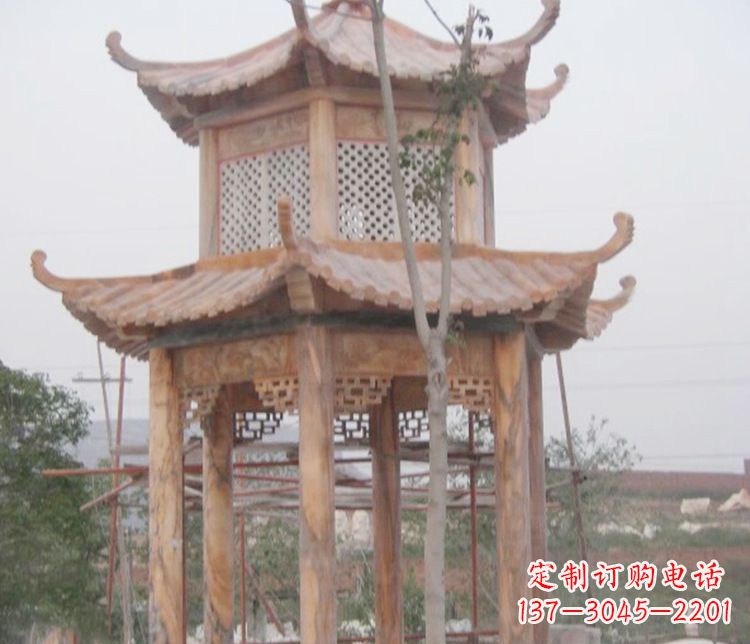 三明双层晚霞红石凉亭石雕 (2)