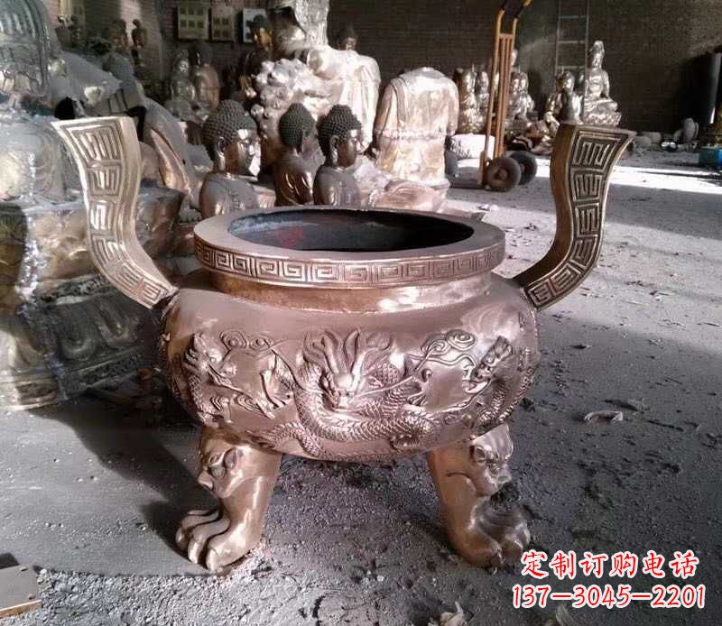 三明寺庙龙浮雕圆铜雕香炉