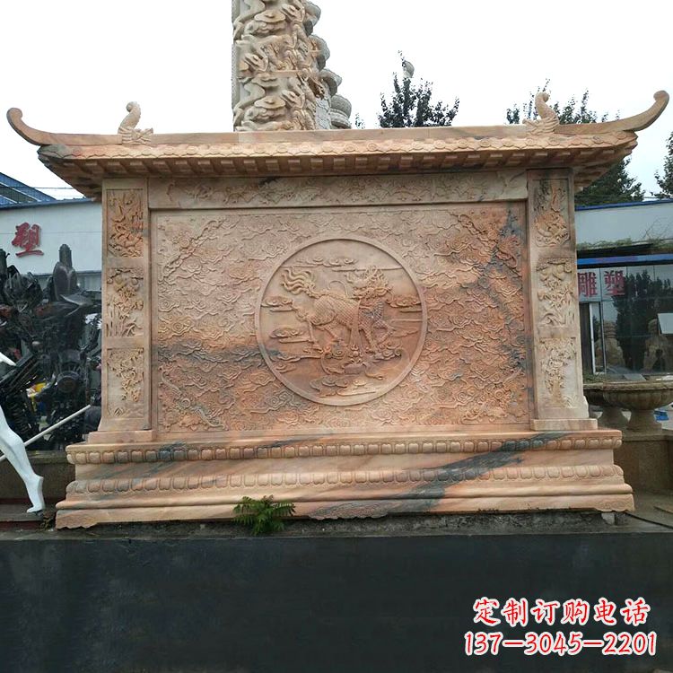 三明晚霞红麒麟影壁墙石雕