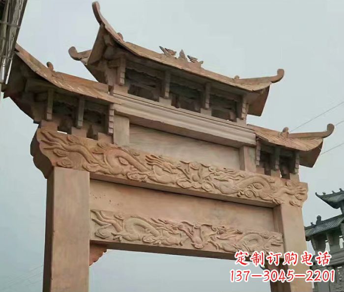 三明晚霞红石雕单门牌坊