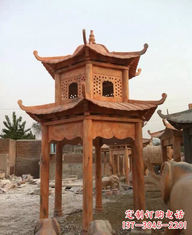 三明晚霞红双层凉亭石雕