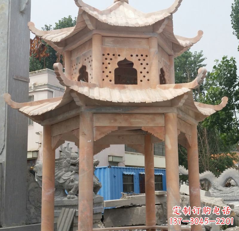 三明晚霞红双层六角凉亭石雕 (2)