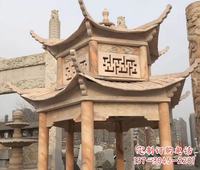 三明晚霞红双层石雕凉亭
