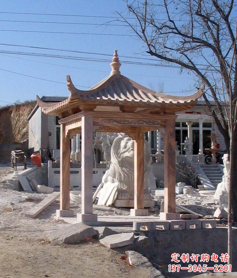 三明晚霞红四角凉亭景观石雕