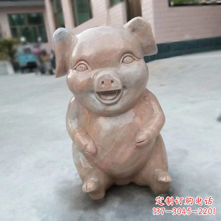 三明喜庆的石雕猪-晚霞红大理石生肖动物雕塑