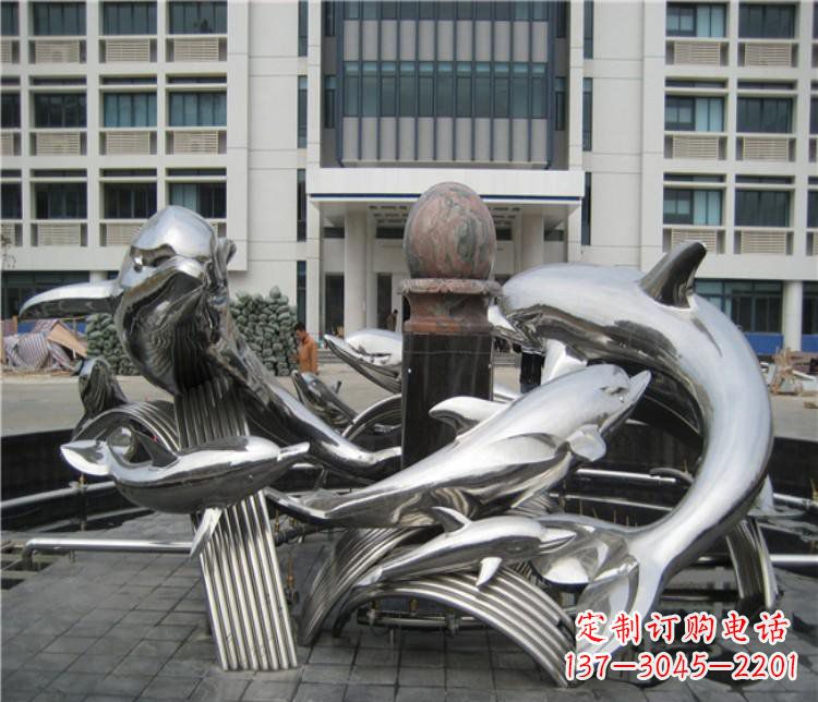 三明校园不锈钢海豚海浪雕塑