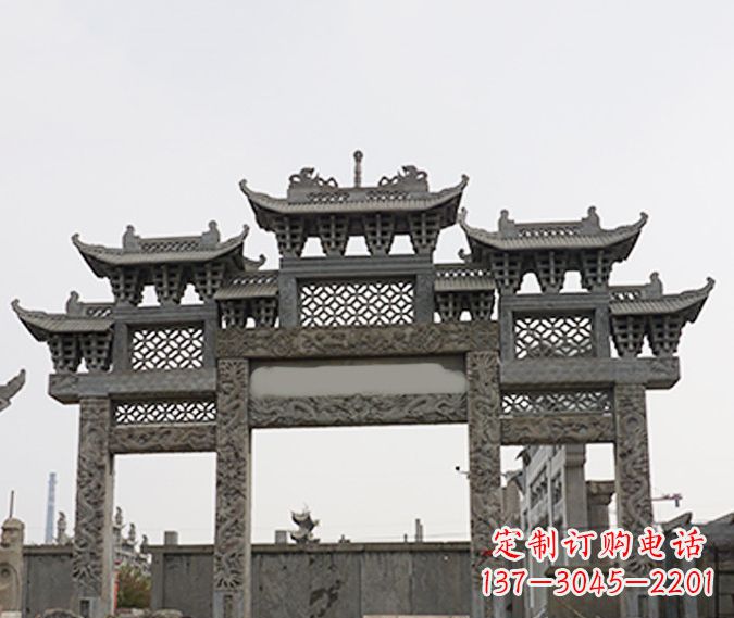 三明园林仿古三门牌坊石雕 (4)