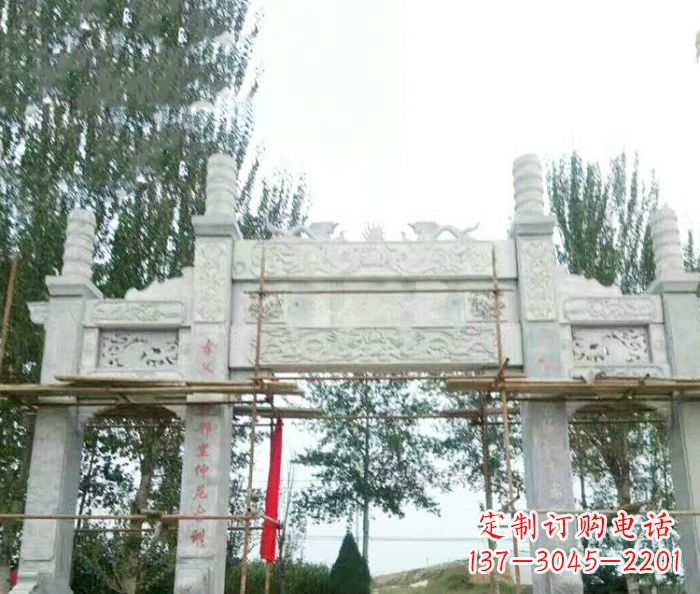 三明园林仿古三门牌坊石雕 (3)