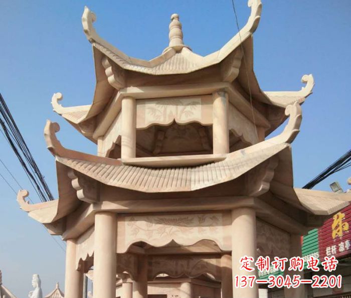 三明园林景观晚霞红双层石雕凉亭 (2)