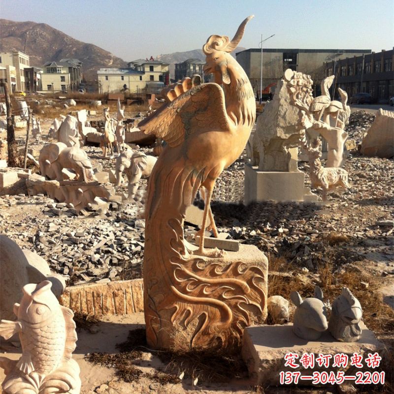 三明中国文化元素神鸟凤凰晚霞红石雕